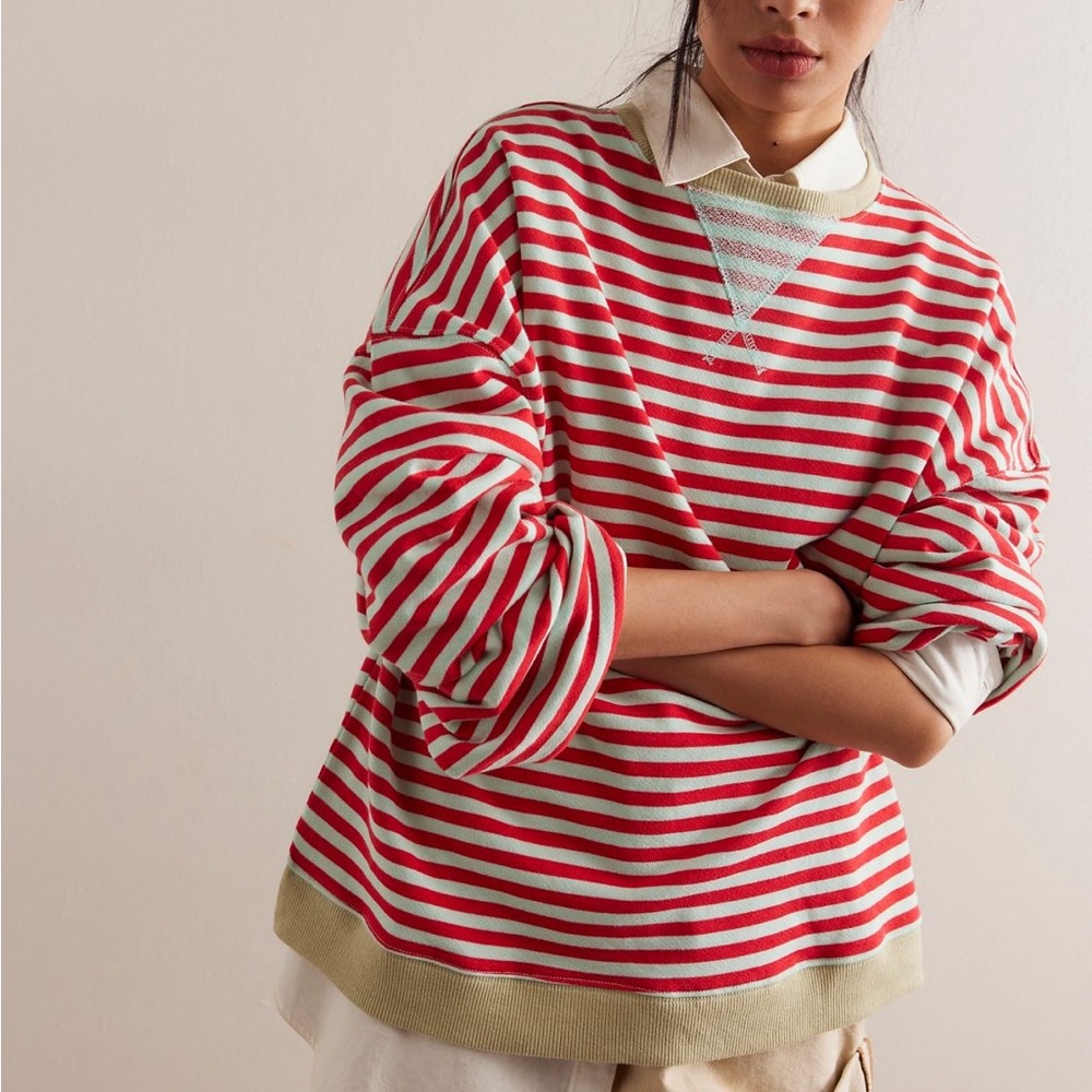 Free People We The Free Red Stripe (Cherry Combo) Oversized Crewneck - NWOT